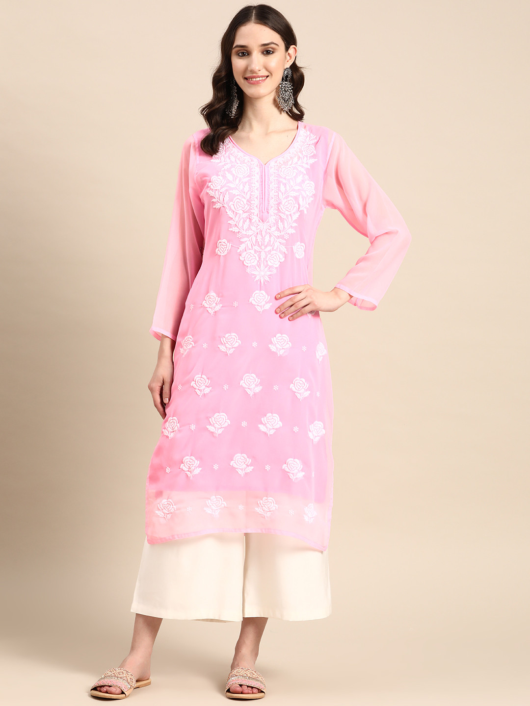

Saadgi Ethnic Motifs Embroidered Chikankari Pastels Georgette Kurta, Pink