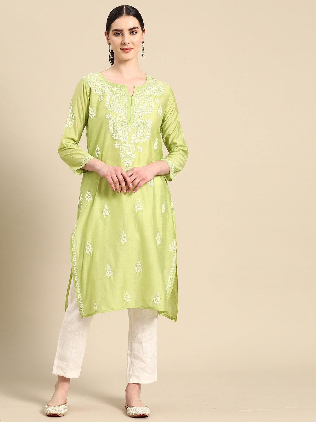 

Saadgi Ethnic Motifs Embroidered Chikankari Pastels Kurta, Lime green