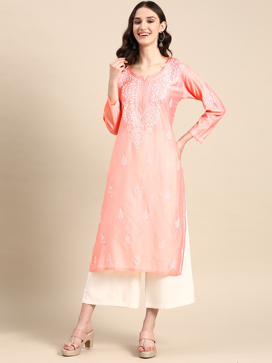 

Saadgi Ethnic Motifs Embroidered Chikankari Pastels Kurta, Peach