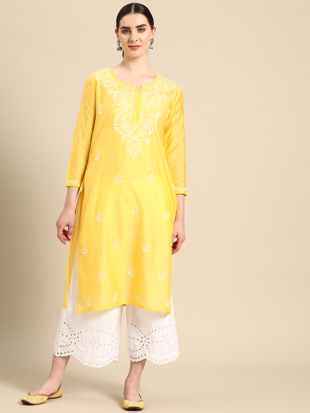 

Saadgi Ethnic Motifs Embroidered Chikankari Pastels Kurta, Yellow