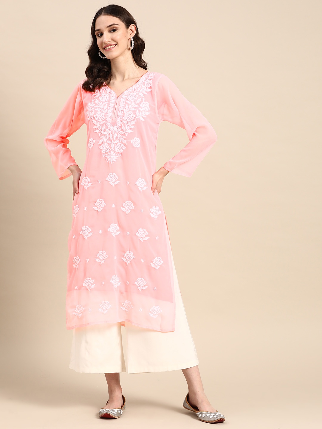 

Saadgi Ethnic Motifs Embroidered Chikankari Pastels Georgette Kurta, Peach