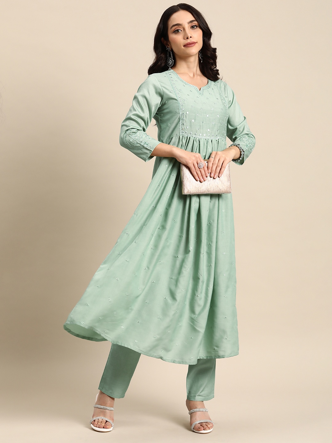 

all about you Ethnic Motifs Embroidered Mirror Work Kurta With Trousers, Sea green