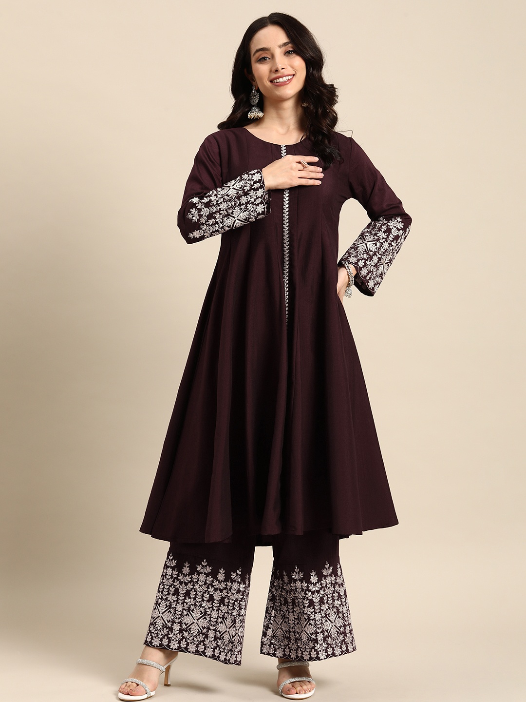 

all about you Zari Work A-Line Kurta with Trousers, Purple