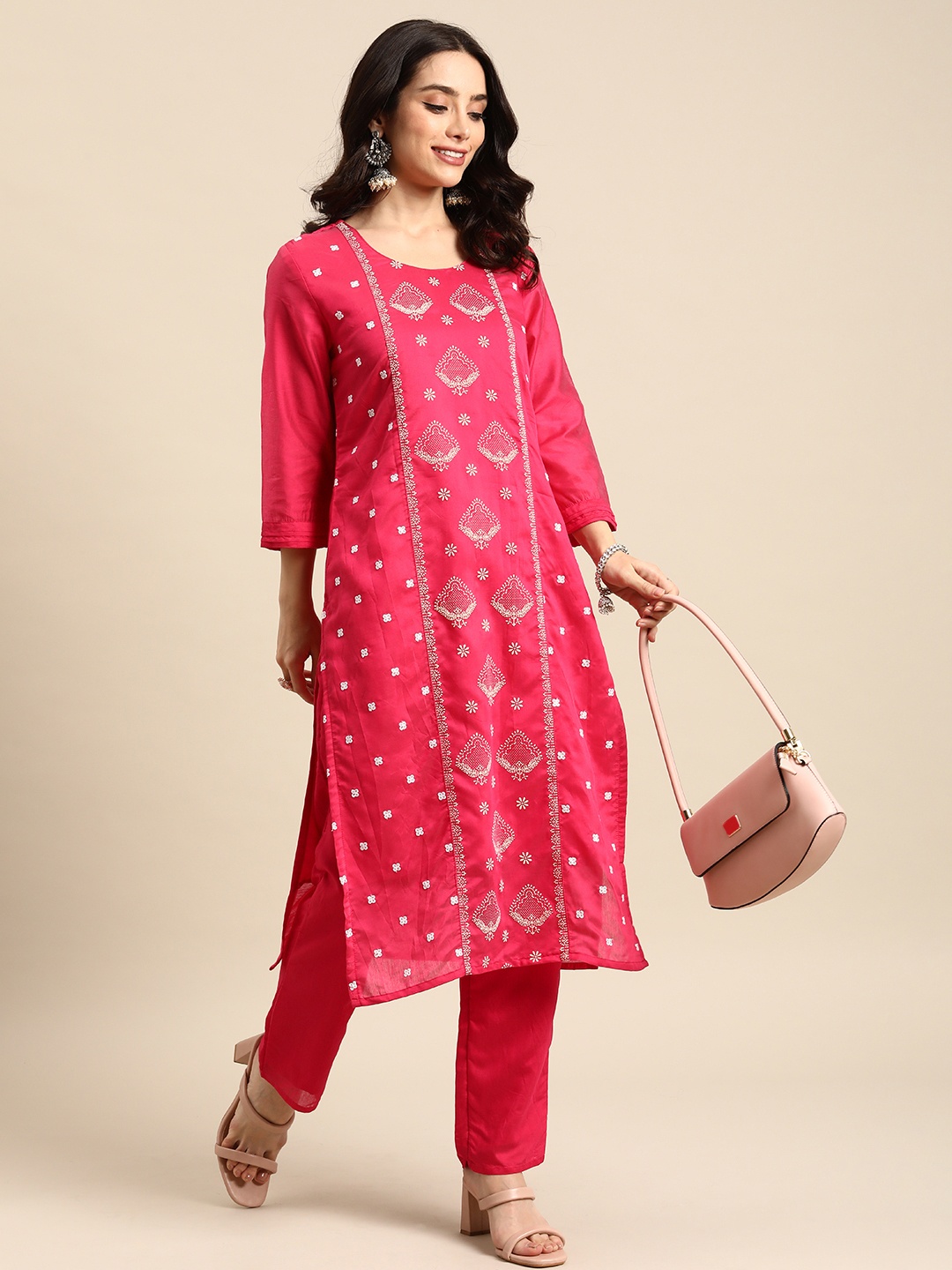 

all about you Ethnic Motifs Embroidered Chanderi Silk Kurta with Trousers, Pink