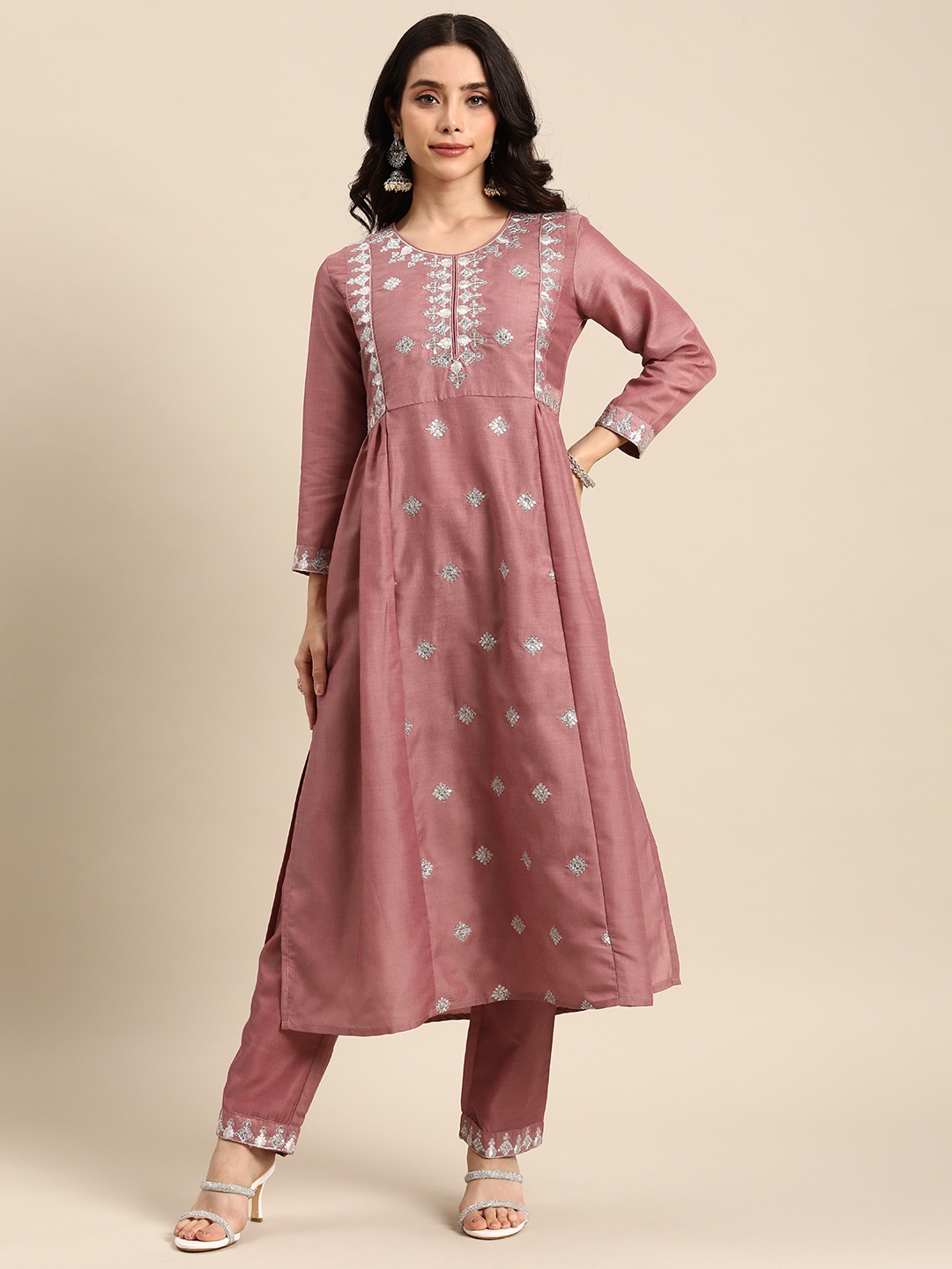 

all about you Ethnic Motifs Embroidered Pleated Sequinned Kurta with Trousers, Mauve