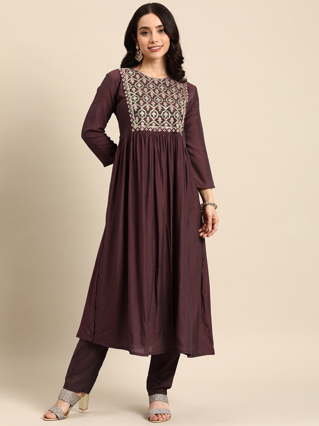 

all about you Floral Embroidered Pleated Sequinned Kurta with Trousers, Burgundy