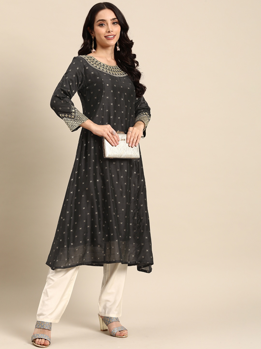 

all about you Ethnic Motifs Embroidered Sequinned Kurta With Trousers, Grey