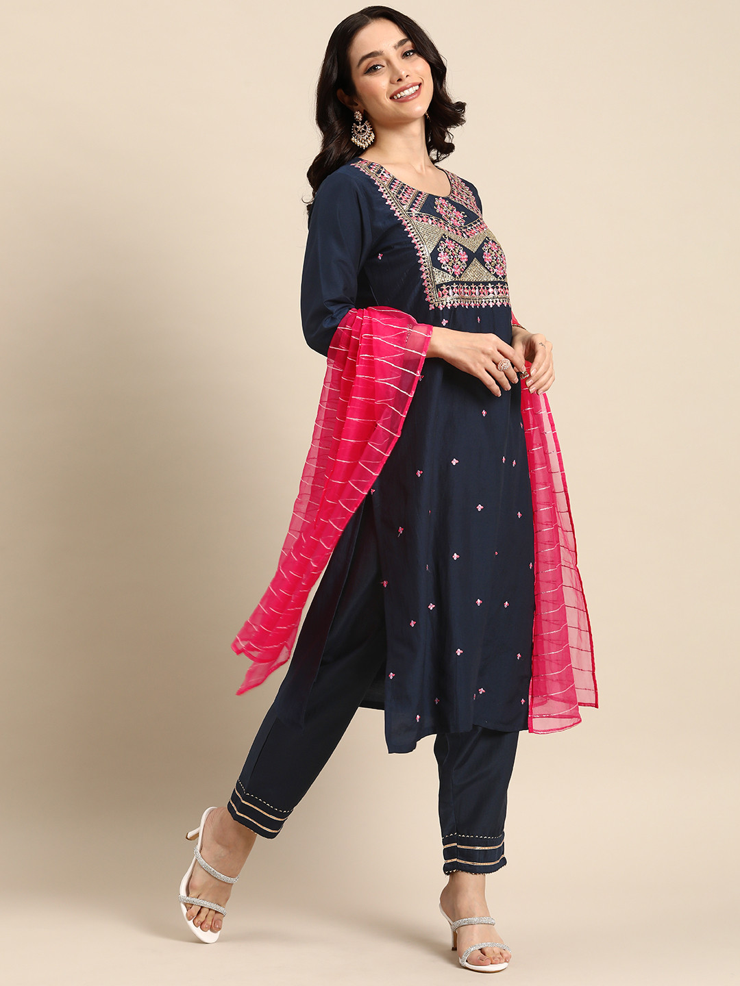 

all about you Women Ethnic Motifs Embroidered Kurta With Trousers & Dupatta, Navy blue