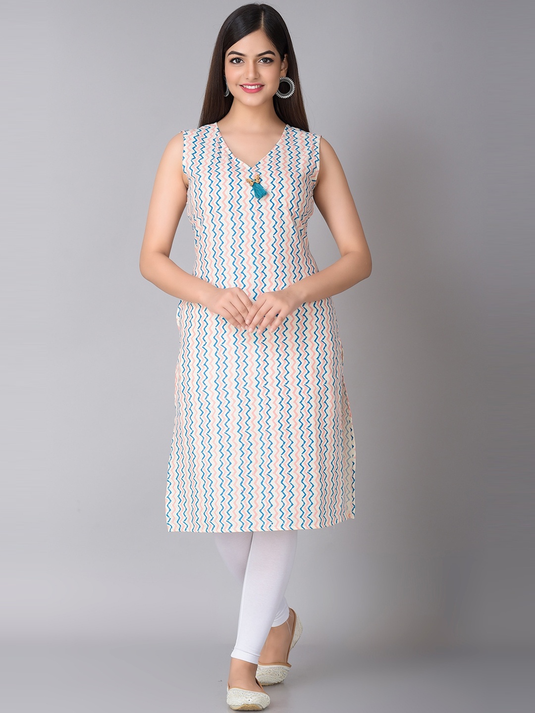 

METRO-FASHION Chevron Printed Cotton Straight Kurta, Off white
