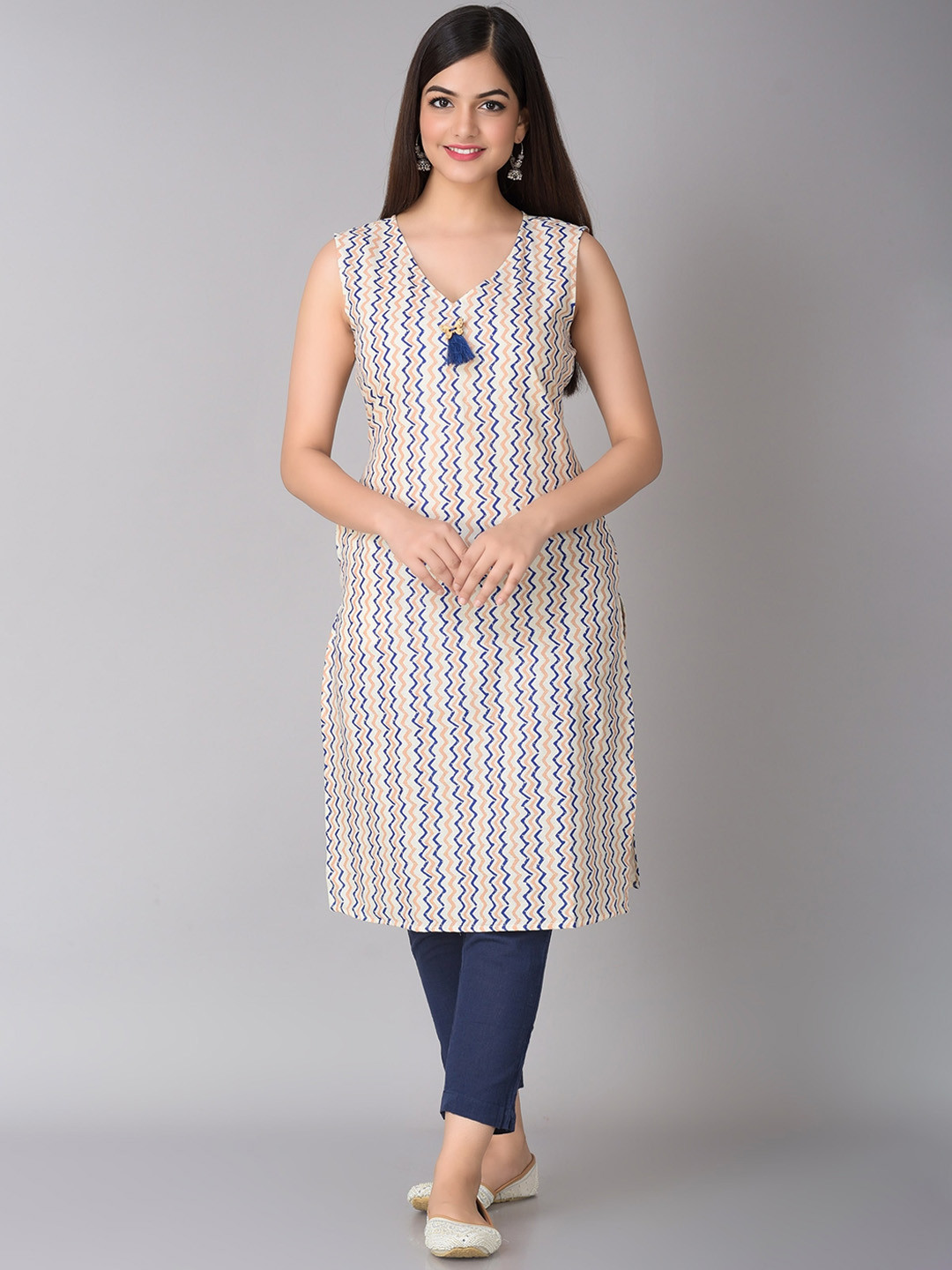 

METRO-FASHION Chevron Printed Cotton Kurta, Off white