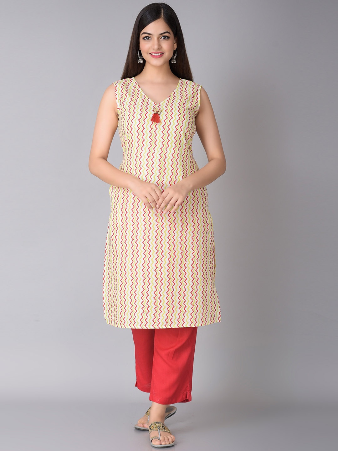 

METRO-FASHION Chevron Printed Cotton Kurta, Yellow