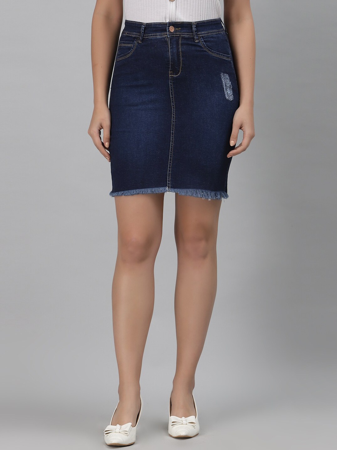 

River Of Design Jeans Washed Distressed Denim Straight Skirt, Navy blue