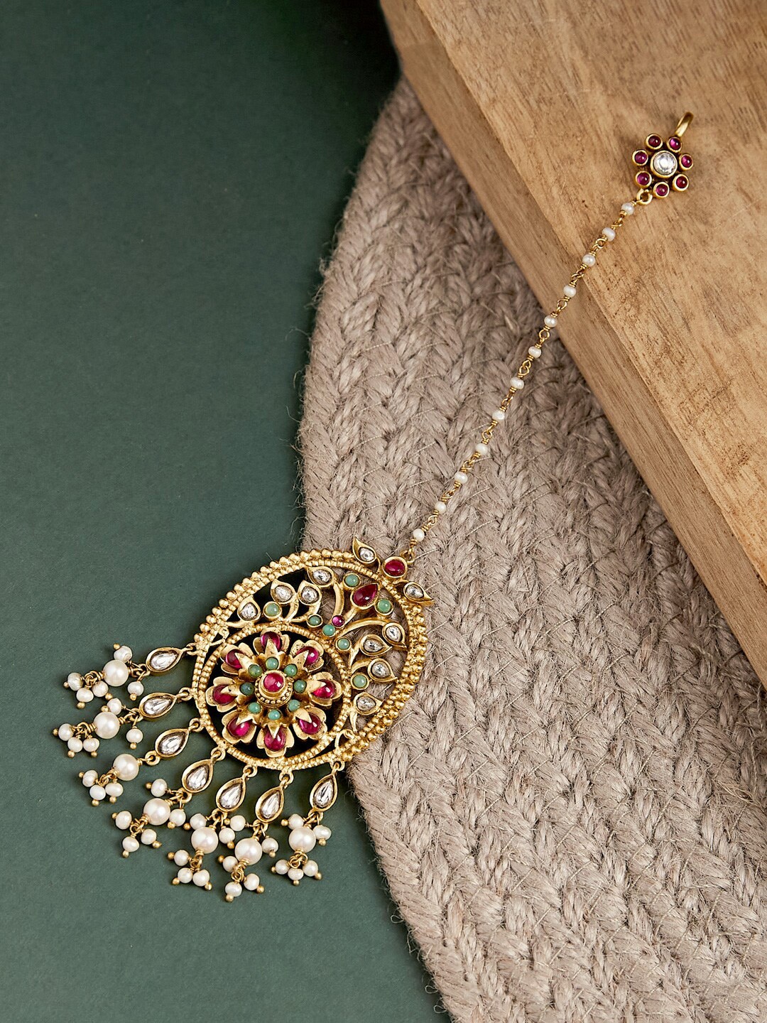 

Fabindia Gold-Plated Stone-Studded & Artificial Beaded Maang Tikka