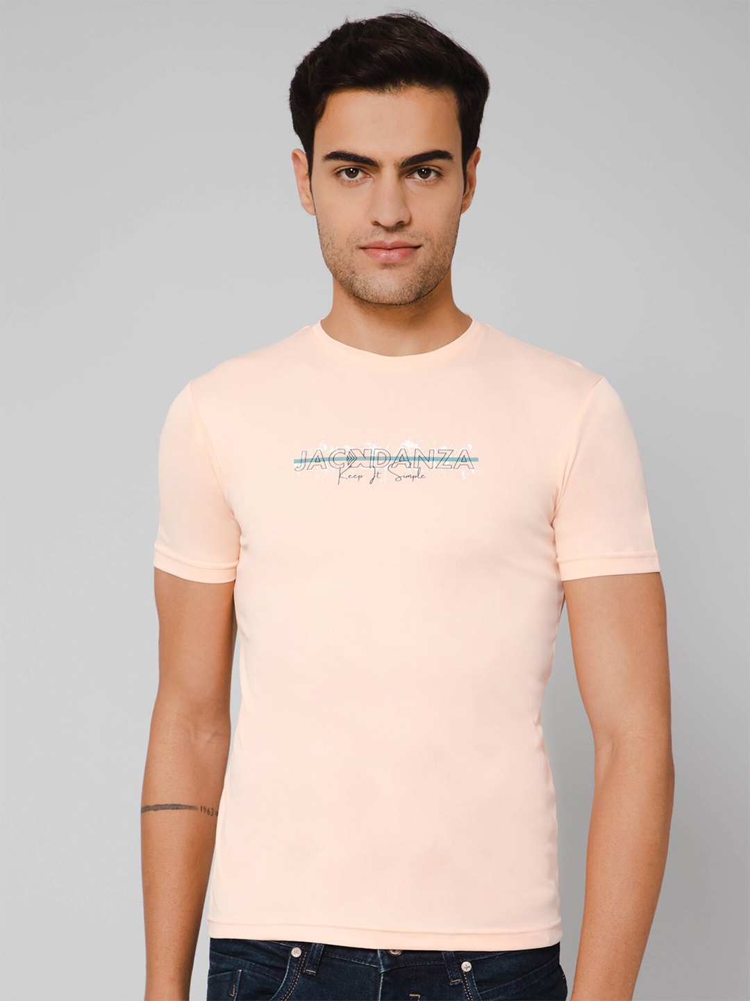 

JACKDANZA Typography Printed Round Neck T-shirt, Peach