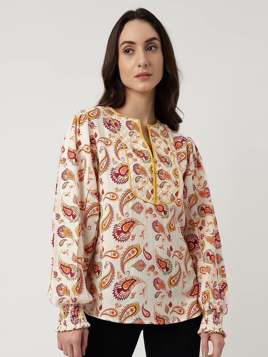 

Marks & Spencer Ethnic Motifs Printed Puff Sleeves Top, Off white