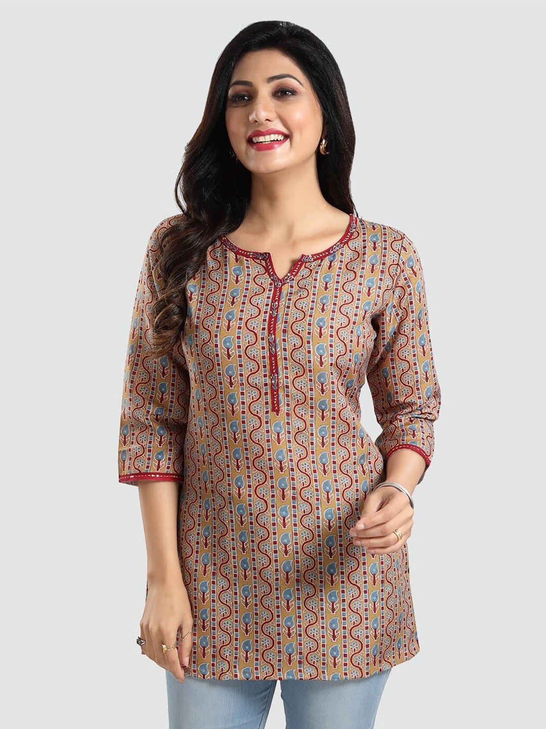 

Saree Swarg Ethnic Motifs Printed Notched Neck A-Line Kurti, Beige