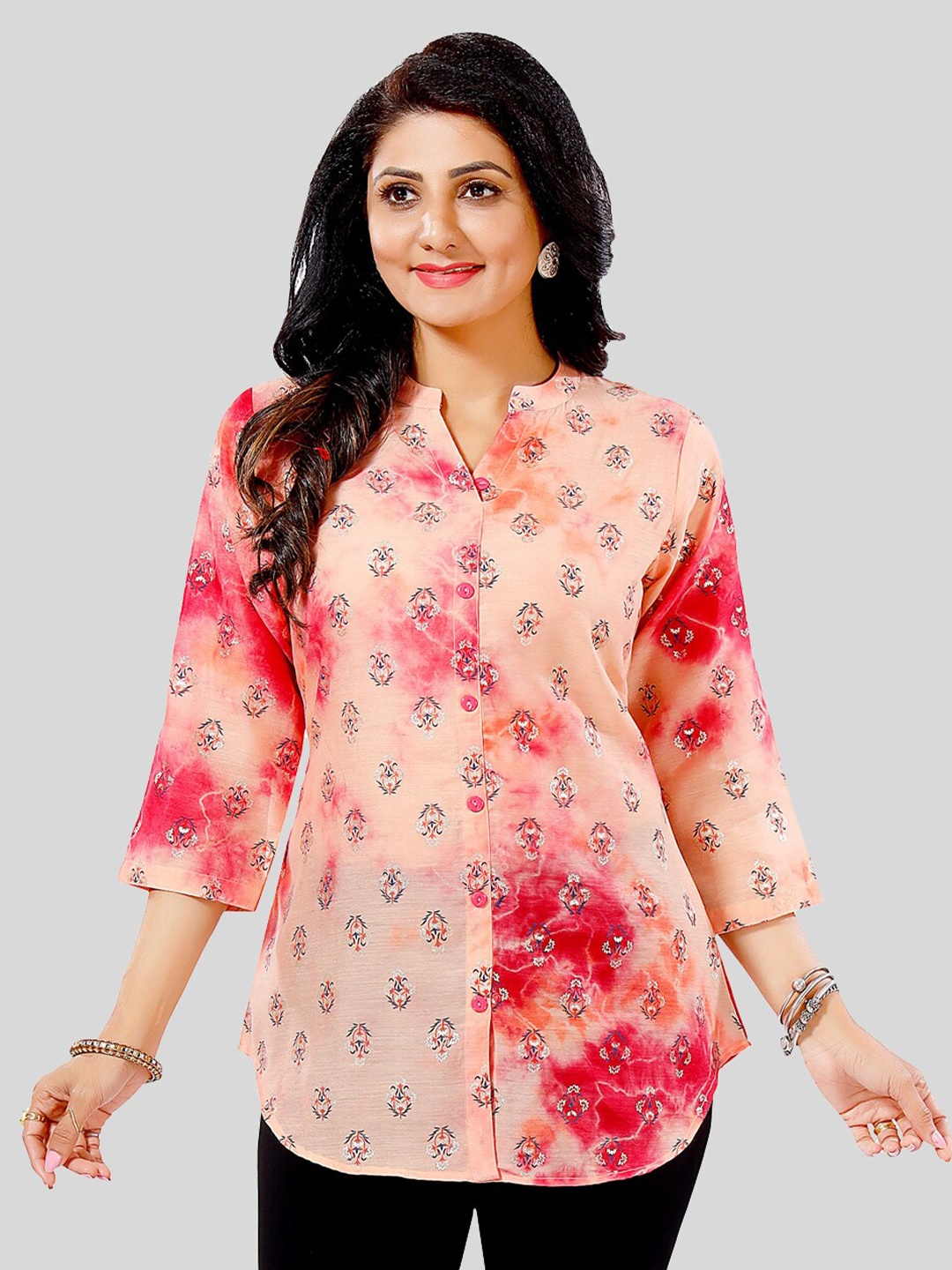 

Saree Swarg Dyed Ethnic Motifs Printed Mandarin Collar Chanderi Cotton Kurti, Pink