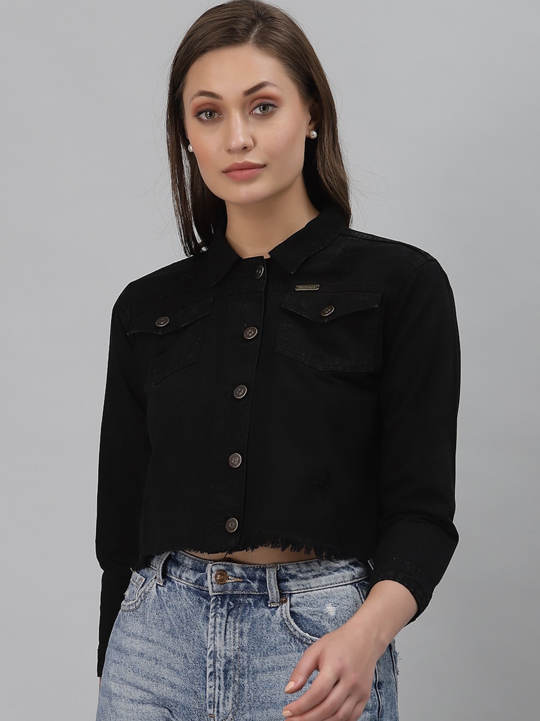 

River Of Design Jeans Women Lightweight Crop Denim Jacket, Black