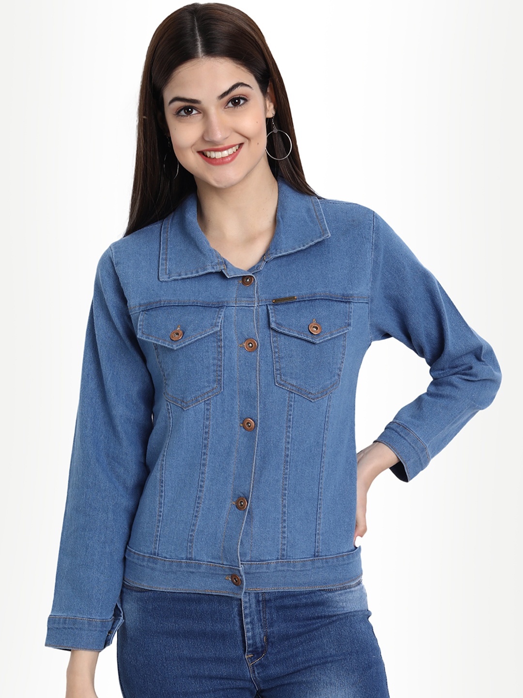 

River Of Design Jeans Women Spread Collar Denim Jacket, Blue