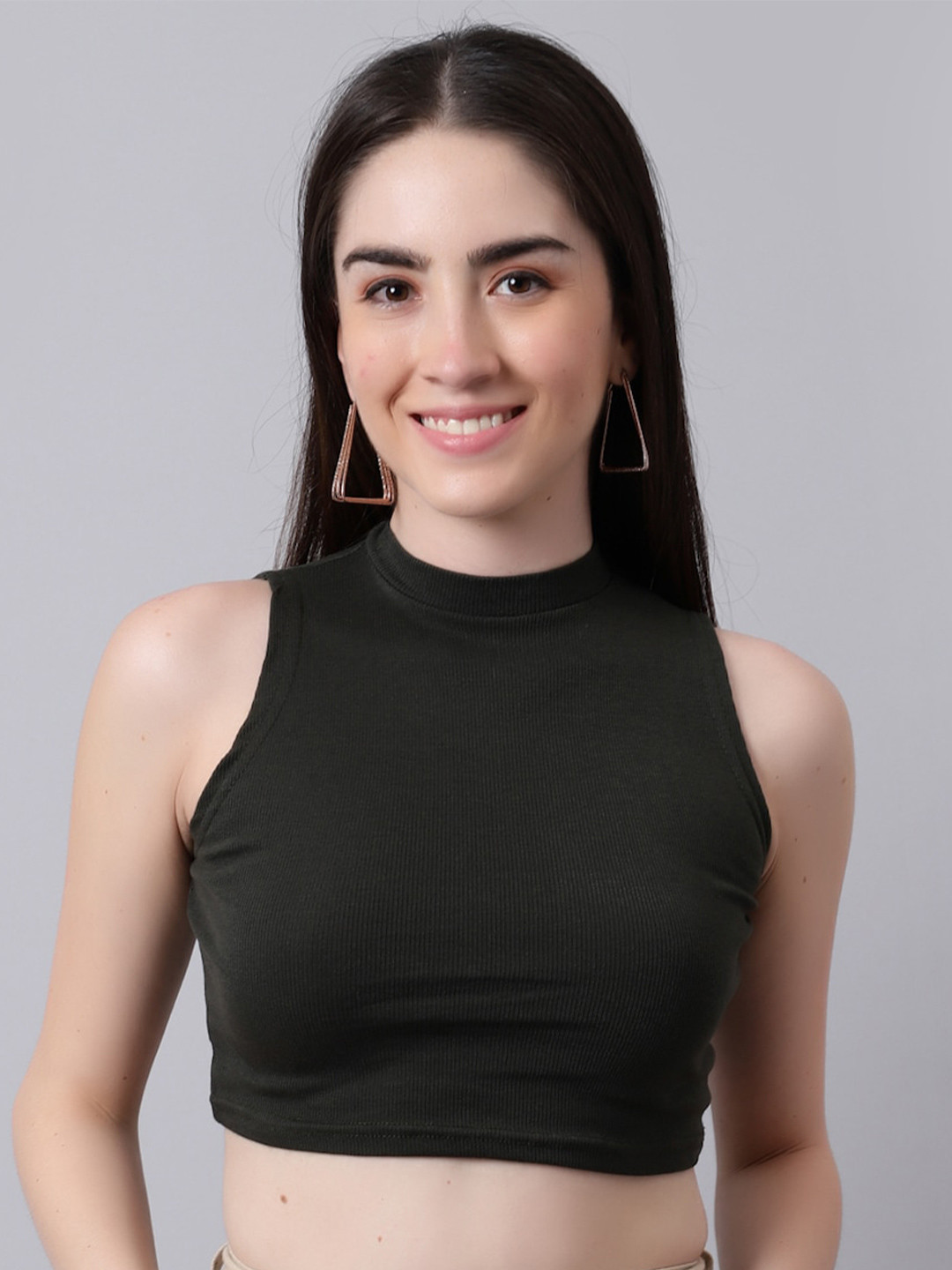 

River Of Design Jeans Sleeveless Fitted Pure Cotton Crop Top, Olive