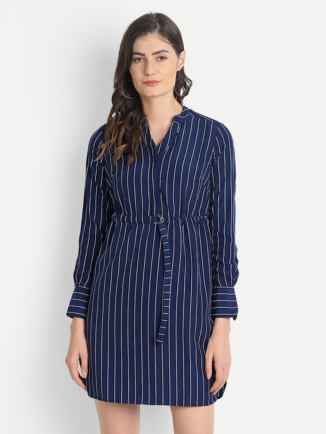 

River Of Design Jeans Cuffed Sleeves Striped Shirt Dress, Blue