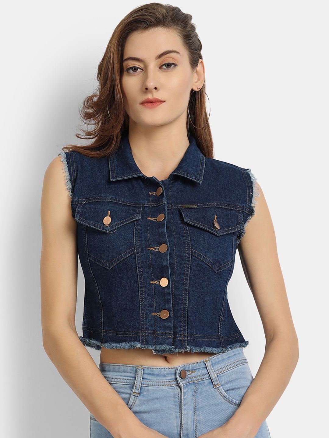 

River Of Design Jeans Women Lightweight Sleeveless Crop Denim Jacket, Blue