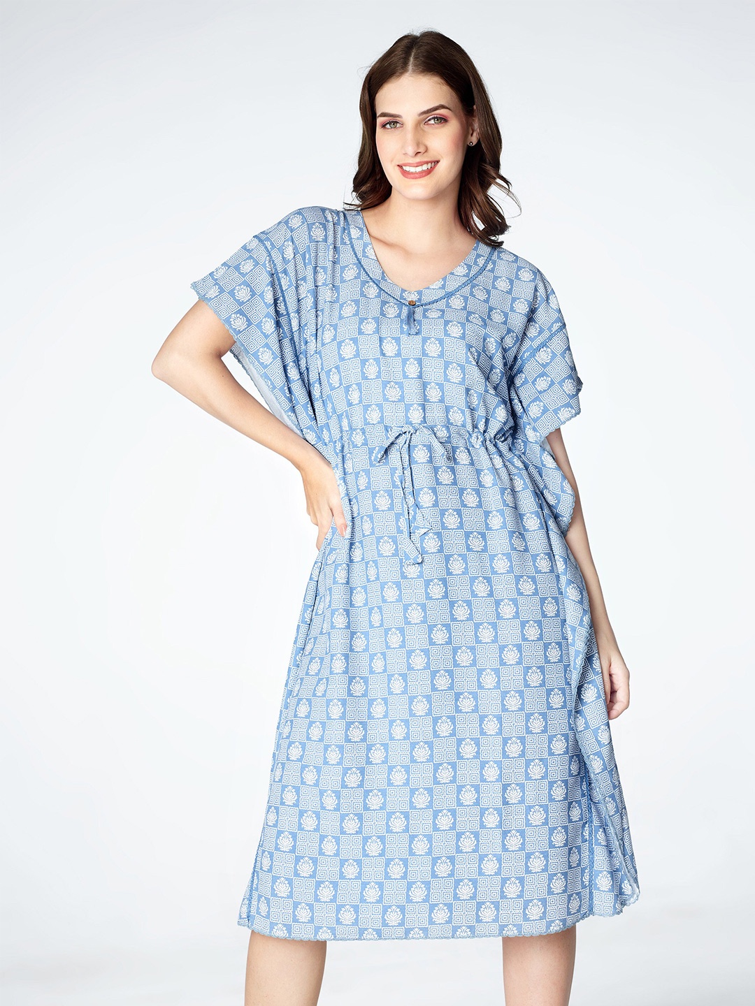 

Zeyo Ethnic Motifs Printed Kaftan Nightdress, Blue