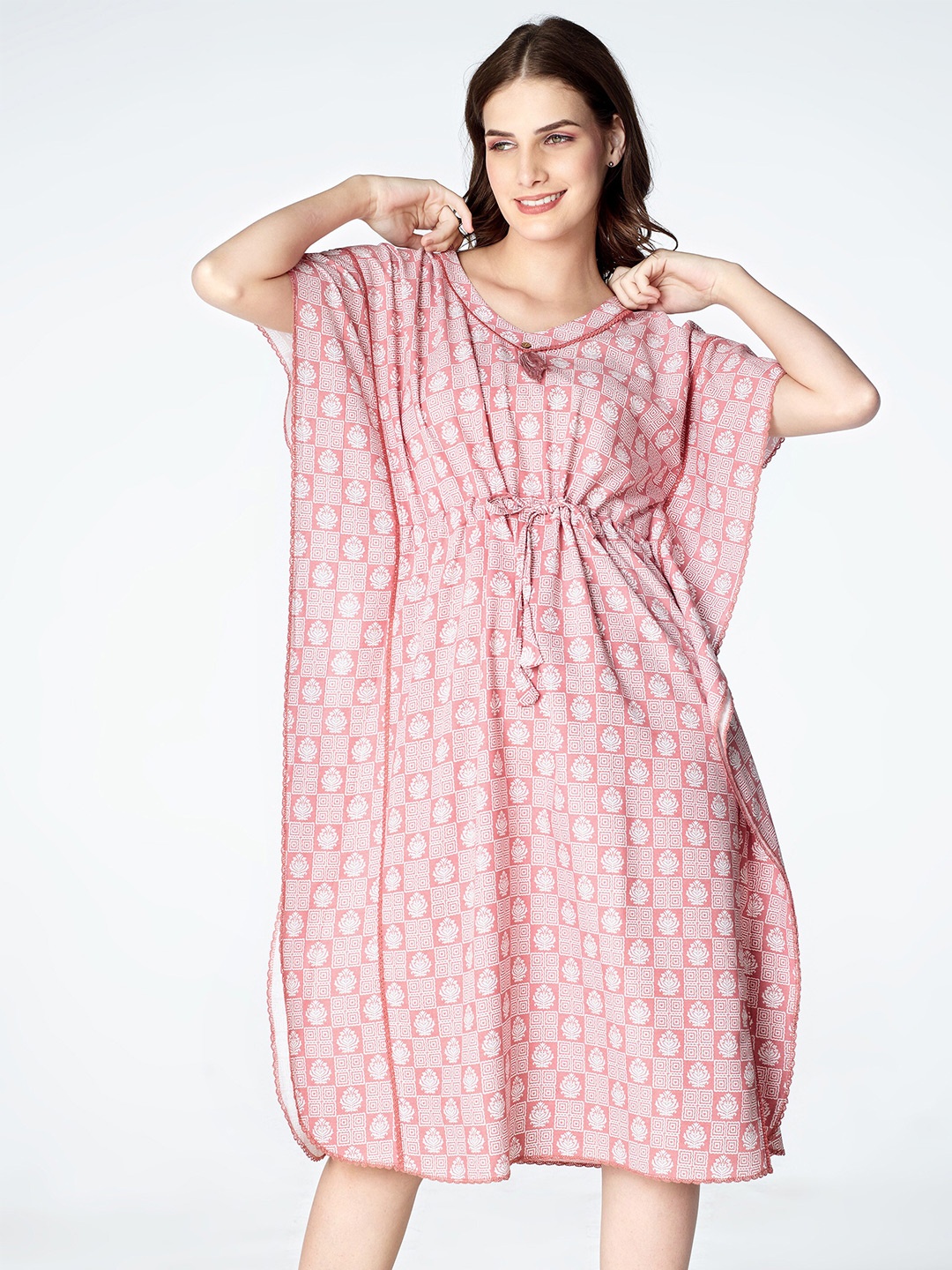 

Zeyo Ethnic Motifs Printed Kaftan Nightdress, Pink