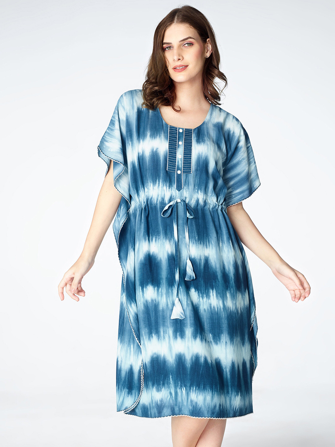 

Zeyo Tie And Dye Printed Kaftan Nightdress, Blue