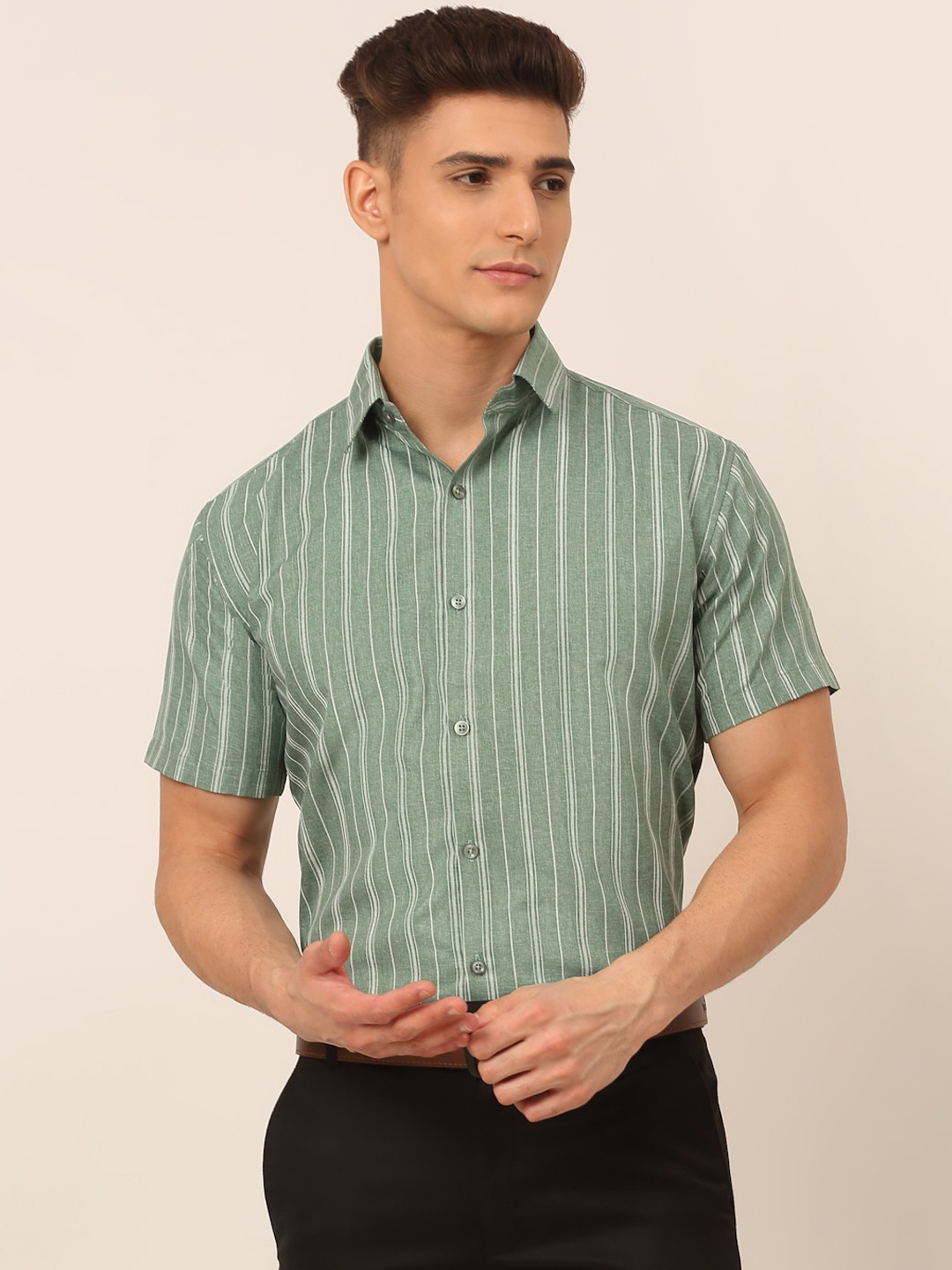 

JAINISH Vertical Striped Classic Formal Pure Cotton Shirt, Green