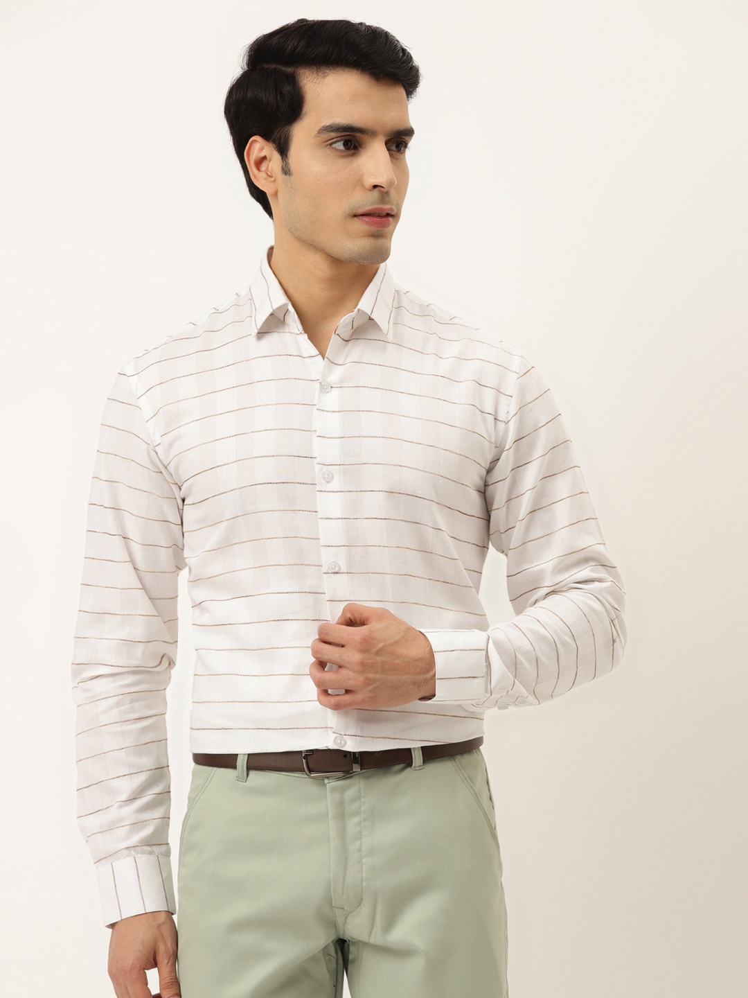 

JAINISH Horizontal Striped Classic Formal Pure Cotton Shirt, White