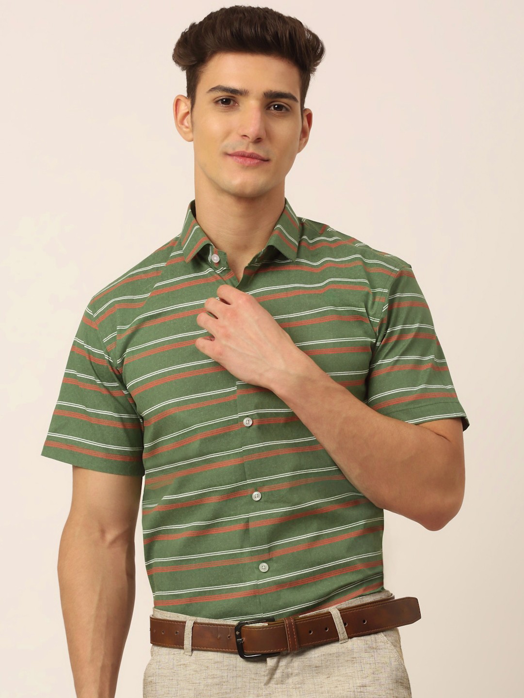 

JAINISH Horizontal Striped Classic Formal Pure Cotton Shirt, Olive