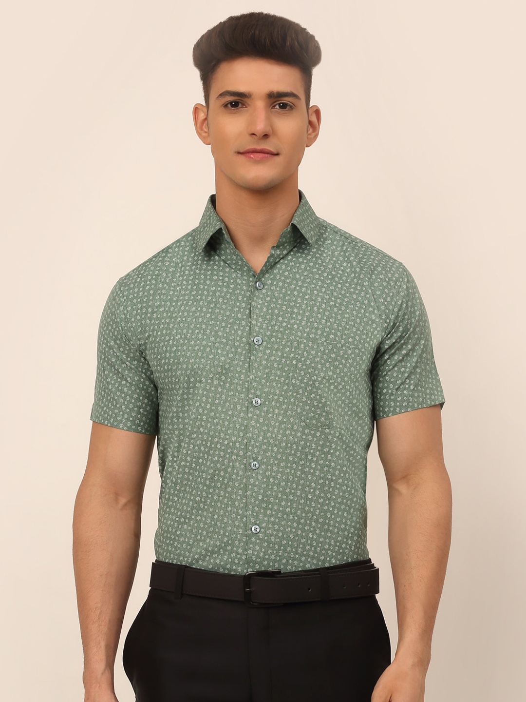 

JAINISH Micro Ditsy Printed Classic Formal Pure Cotton Shirt, Green