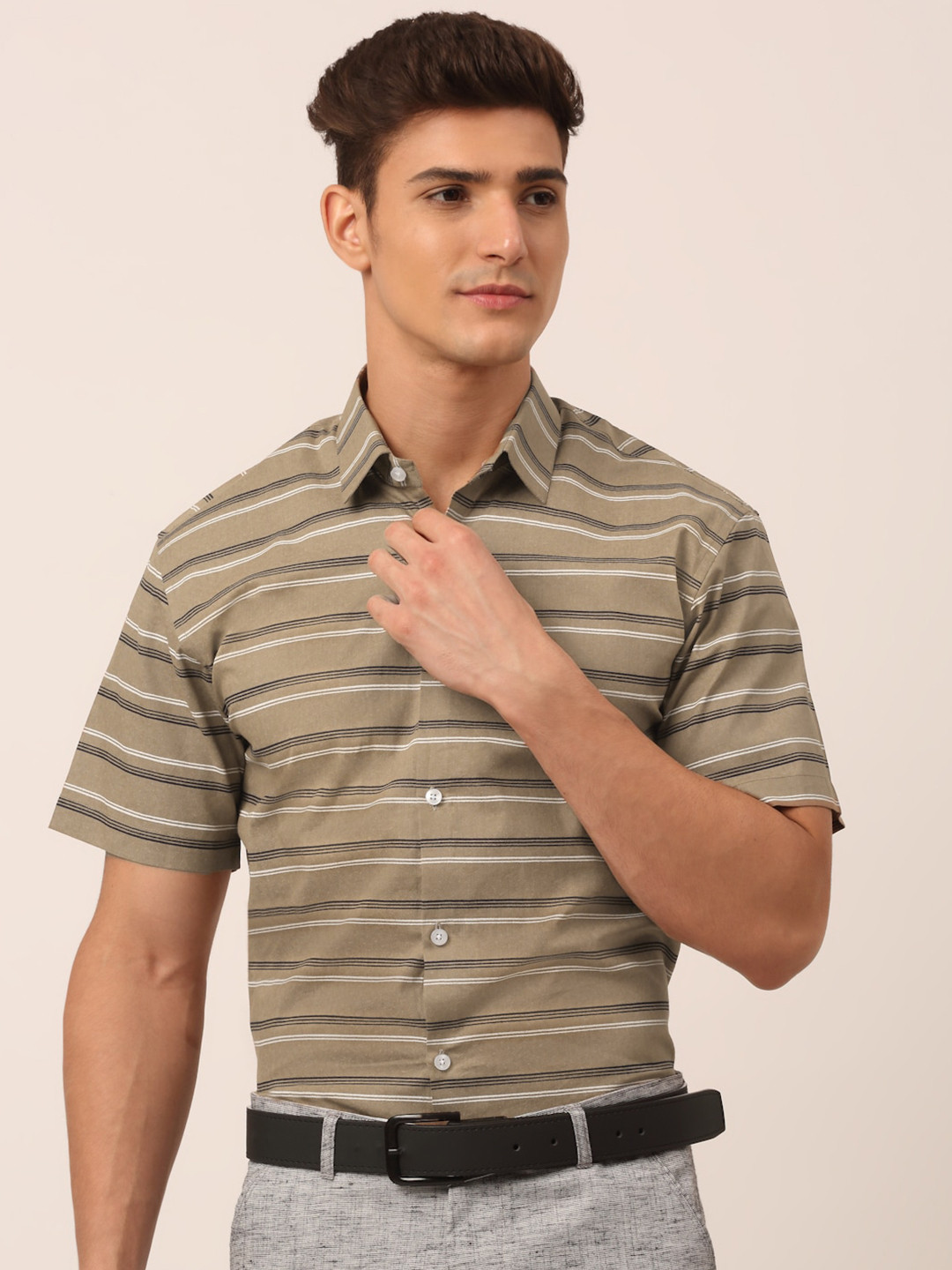 

JAINISH Horizontal Striped Classic Formal Pure Cotton Shirt, Brown