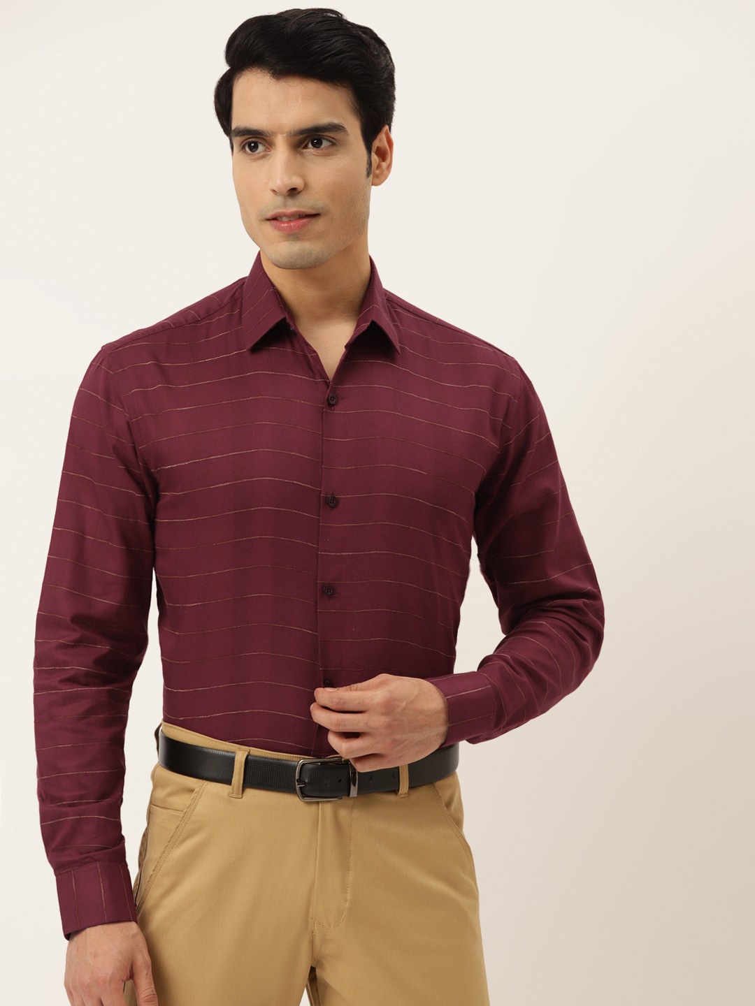 

JAINISH Horizontal Striped Classic Formal Pure Cotton Shirt, Maroon