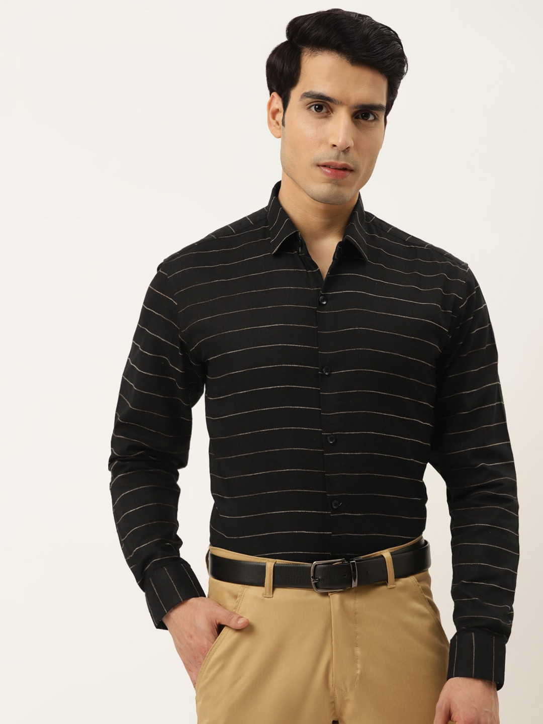 

JAINISH Classic Horizontal Stripes Pure Cotton Formal Shirt, Black