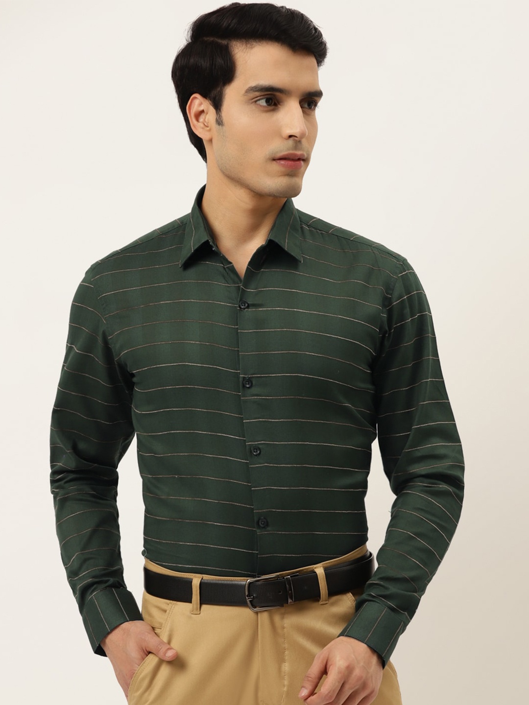 

JAINISH Classic Horizontal Stripes Pure Cotton Formal Shirt, Olive