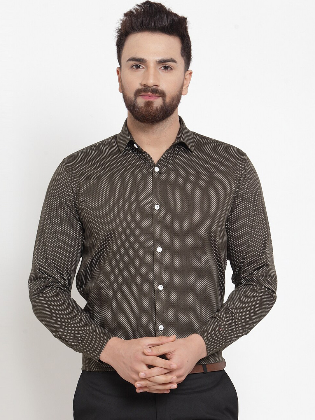 

JAINISH Micro Ditsy Printed Classic Formal Pure Cotton Shirt, Olive