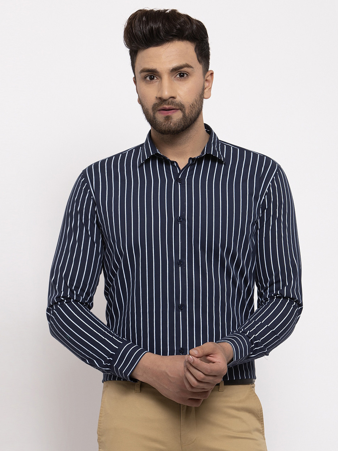 

JAINISH Classic Vertical Striped Pure Cotton Formal Shirt, Navy blue