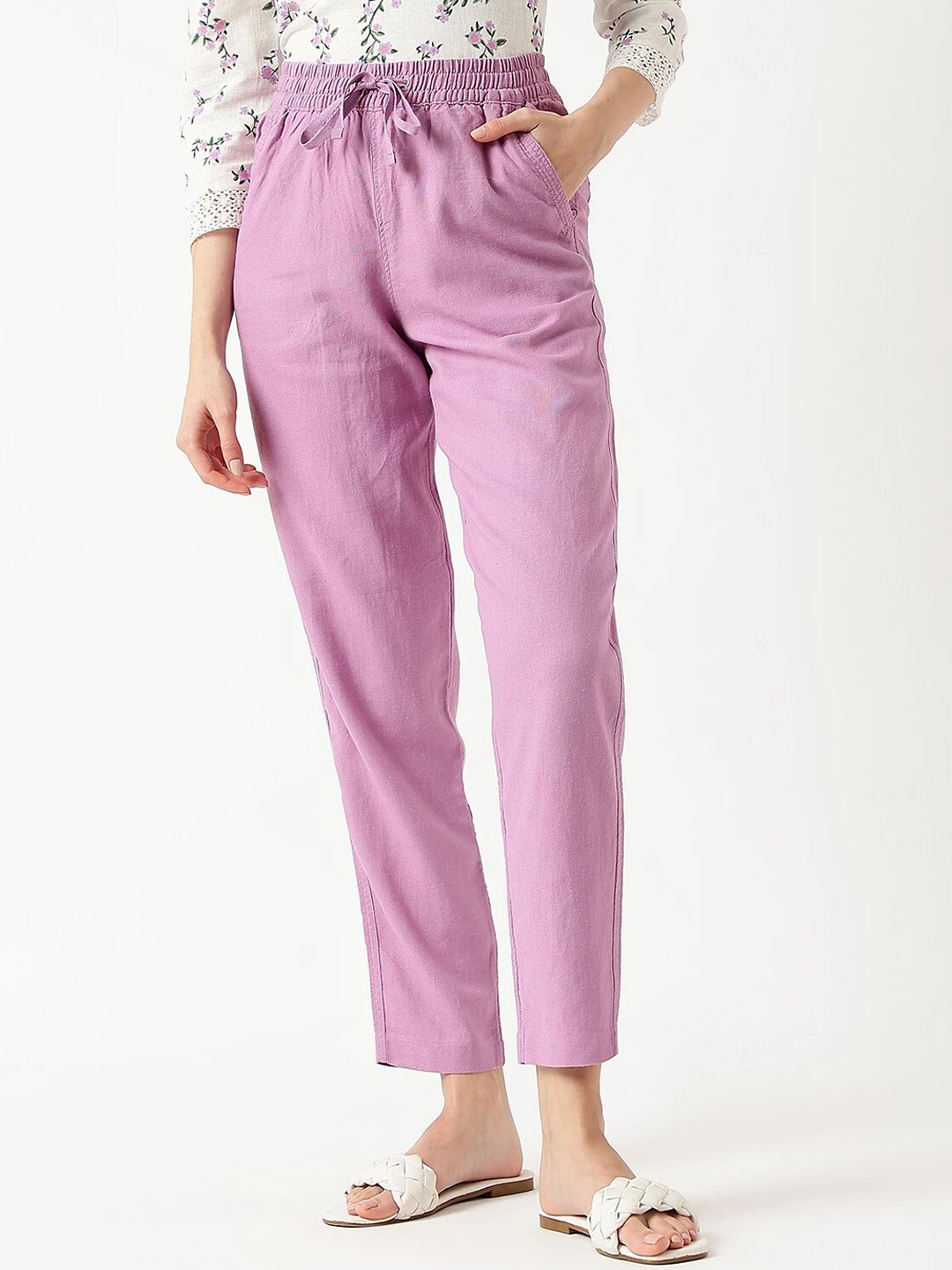 

Marks & Spencer Women Tapered Fit High-Rise Trousers, Purple