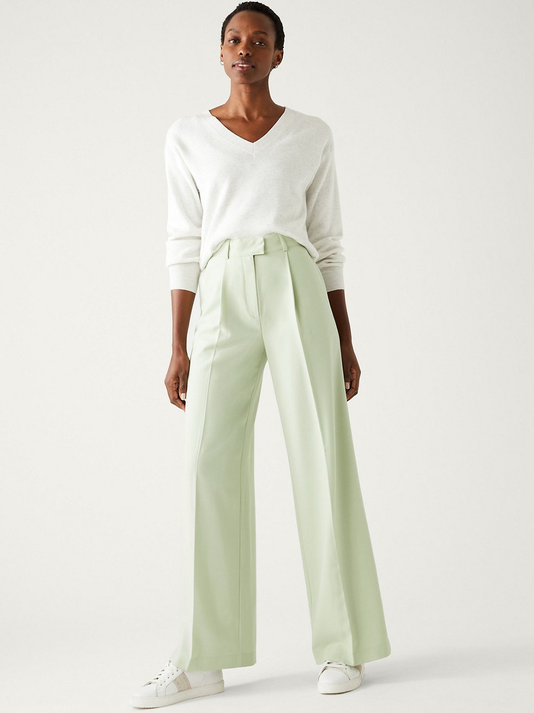 

Marks & Spencer Women Straight Fit High-Rise Pleated Parallel Trousers, Sea green