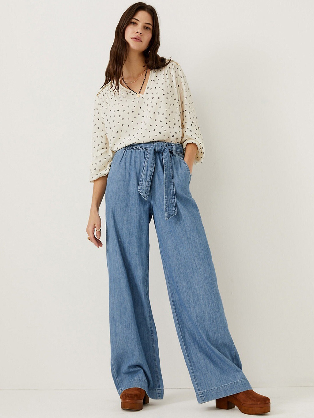 

Marks & Spencer Women Loose Fit High-Rise Pure Cotton Trousers, Blue