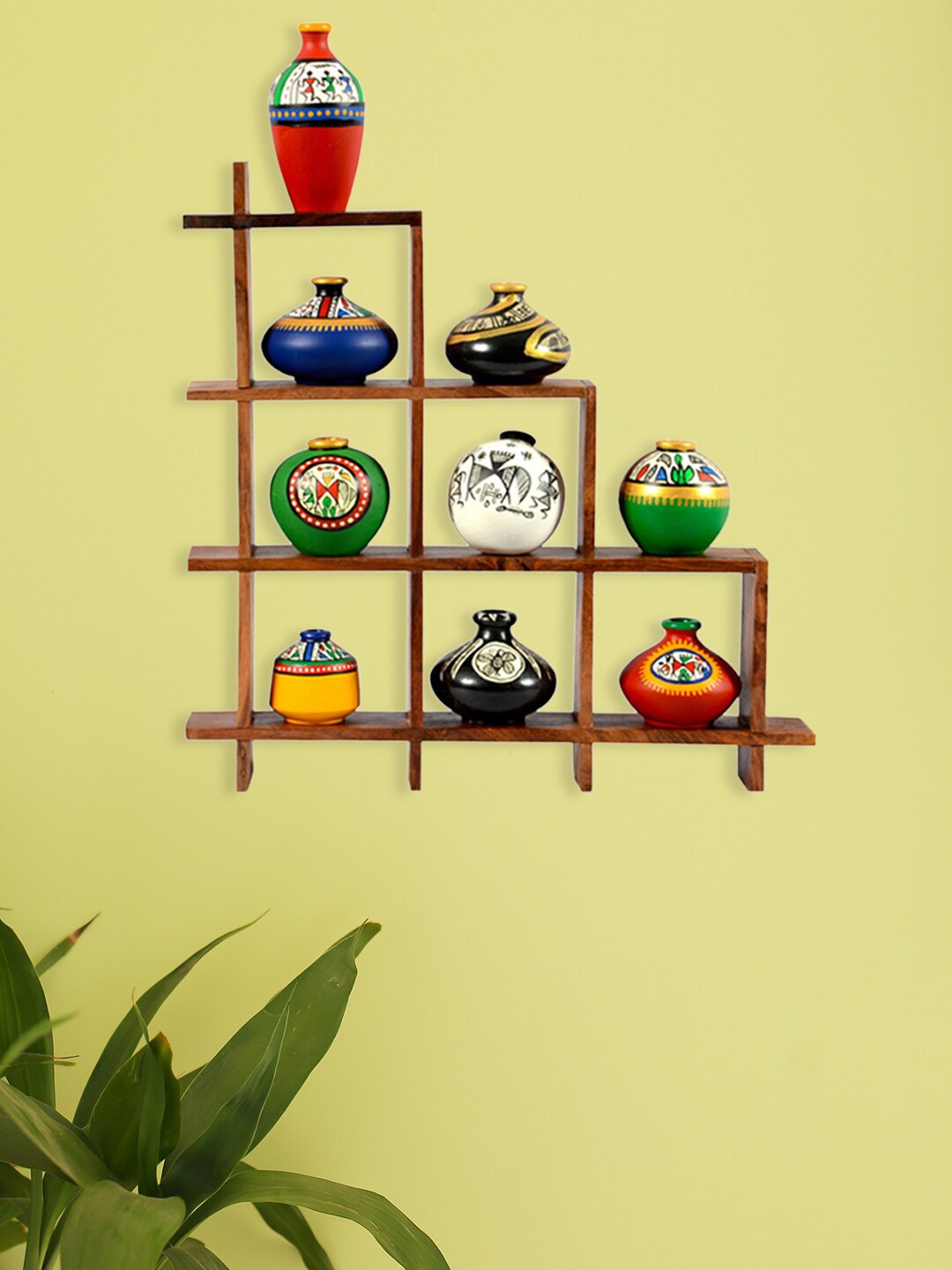 

ExclusiveLane Brown Sheesham Wooden Frame Wall Hanging with 9 Terracotta Warli Pots