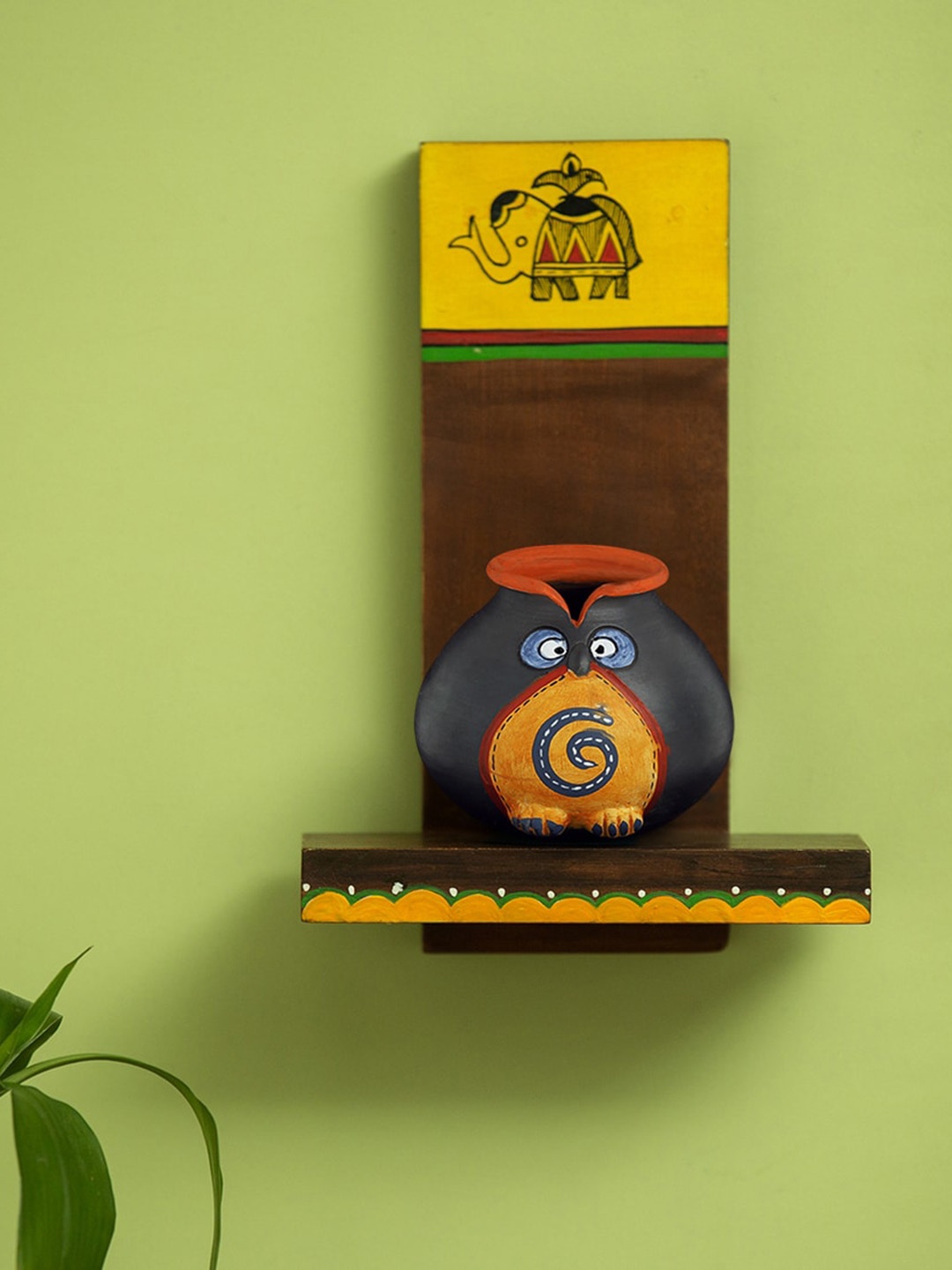 

ExclusiveLane Brown & Yellow Wooden Wall Shelf with Terracotta Owl Face Pot