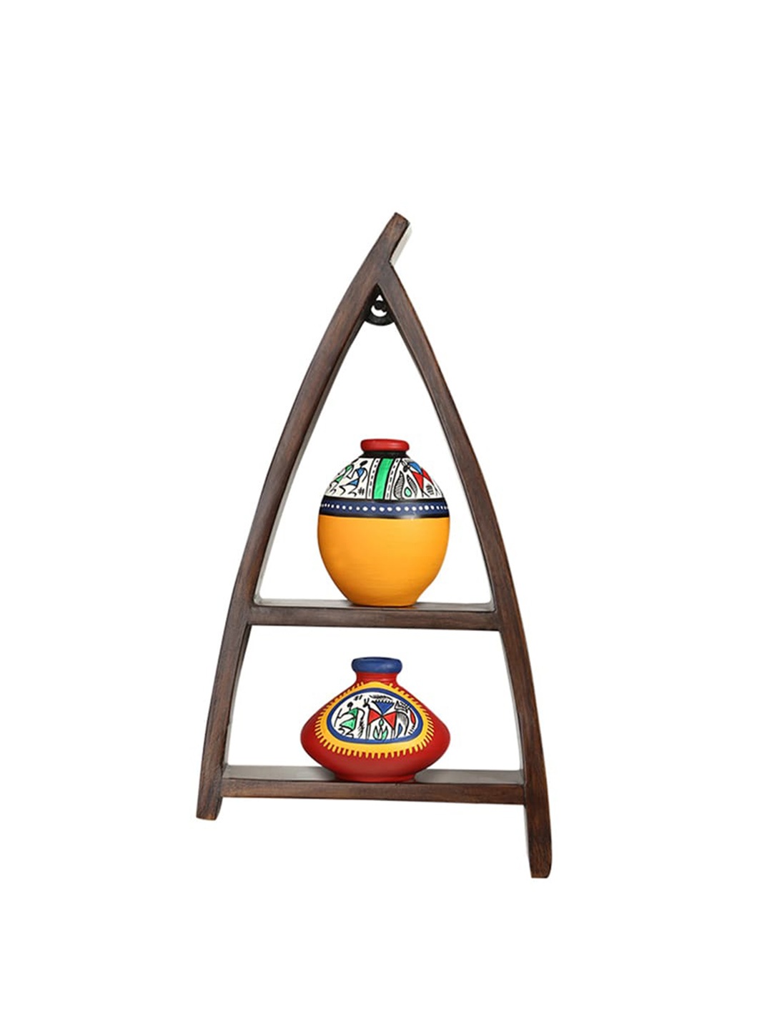 

ExclusiveLane Brown & Yellow Wooden Wall Shelf With Terracotta Pots