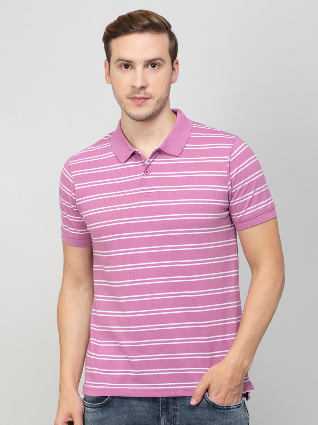

Fame Forever by Lifestyle Striped Polo Collar Short Sleeve Cotton T-shirt, Purple