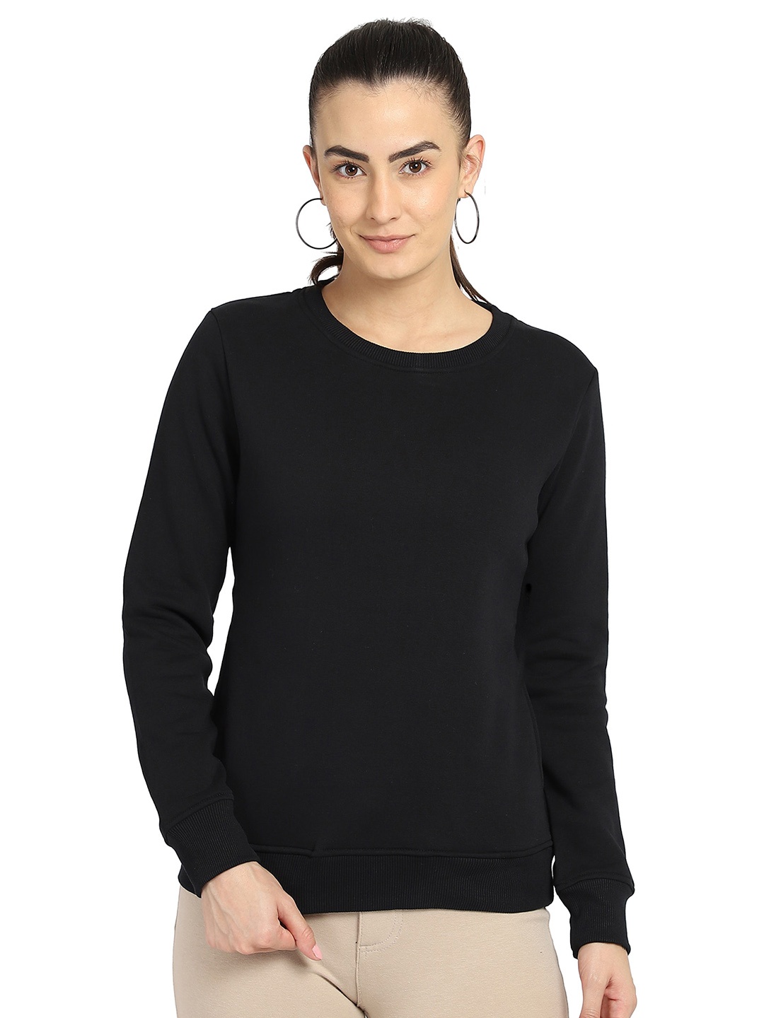 

DYCA Round Neck Long Sleeves Cotton Pullover Sweatshirt, Black