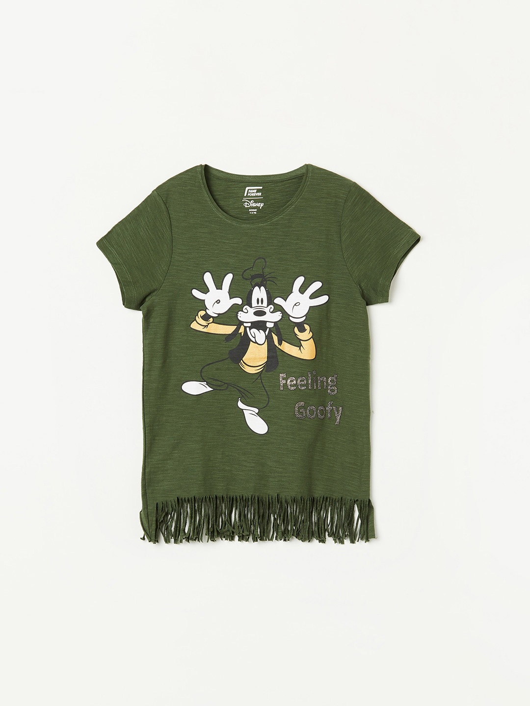 

Fame Forever by Lifestyle Girls Goofy Printed Fringed Hem Cotton T-shirt, Olive