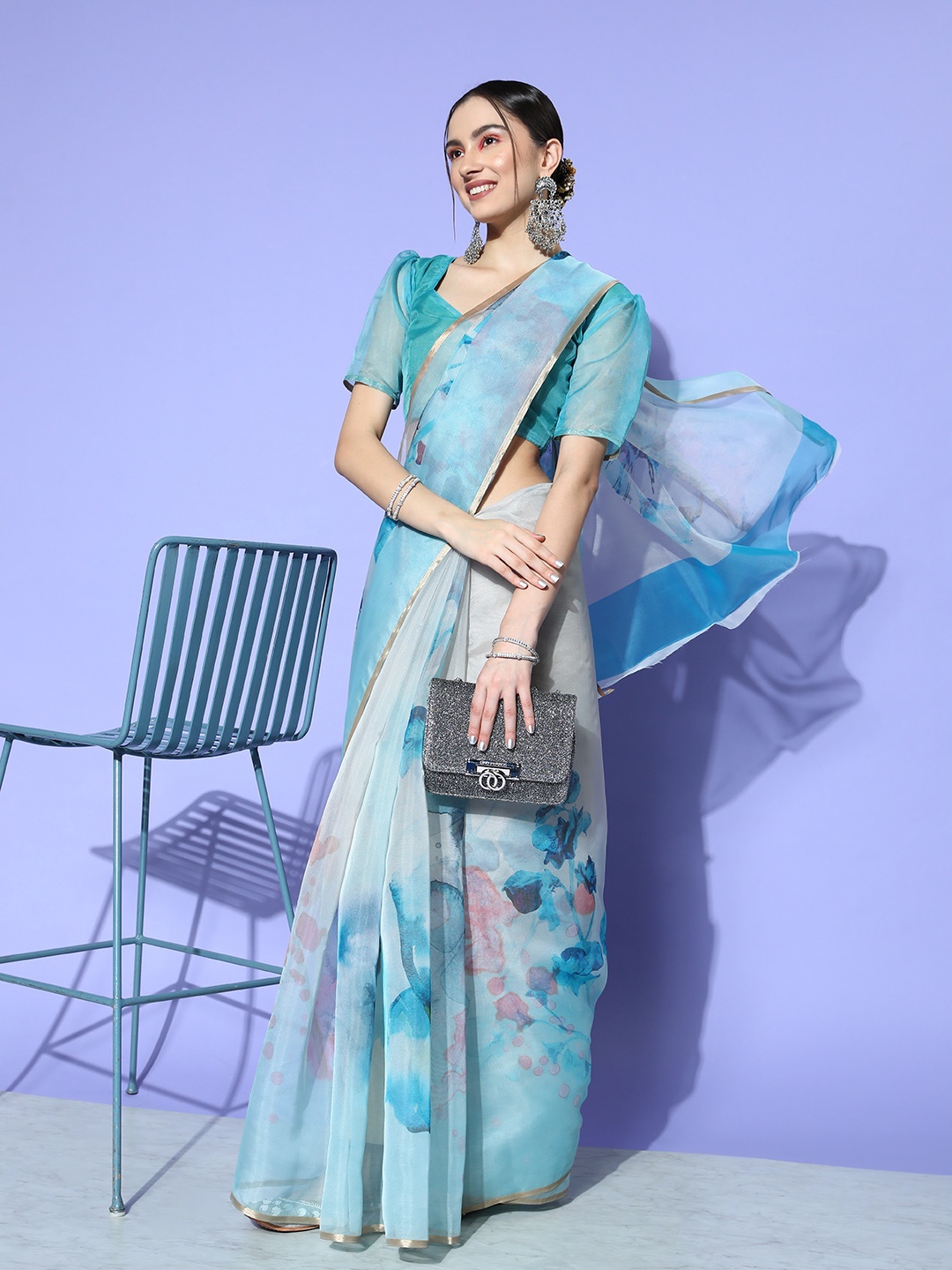 

Satrani Floral Zari Organza Saree, Turquoise blue