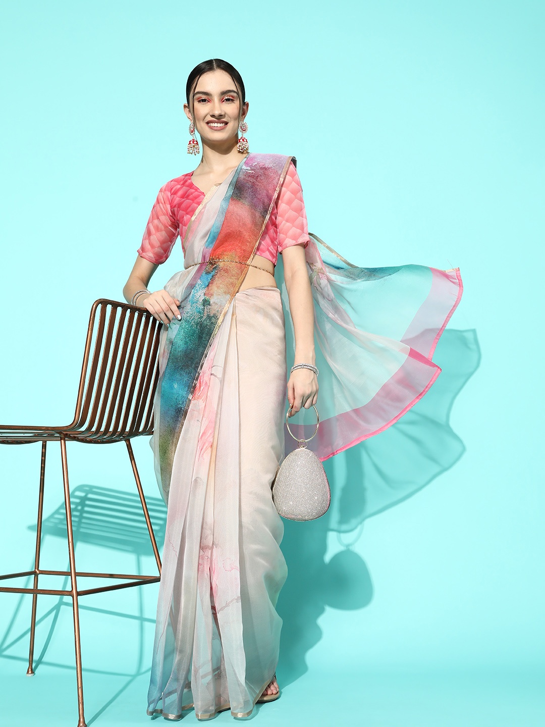 

Satrani Tie and Dye Zari Organza Saree, Multi
